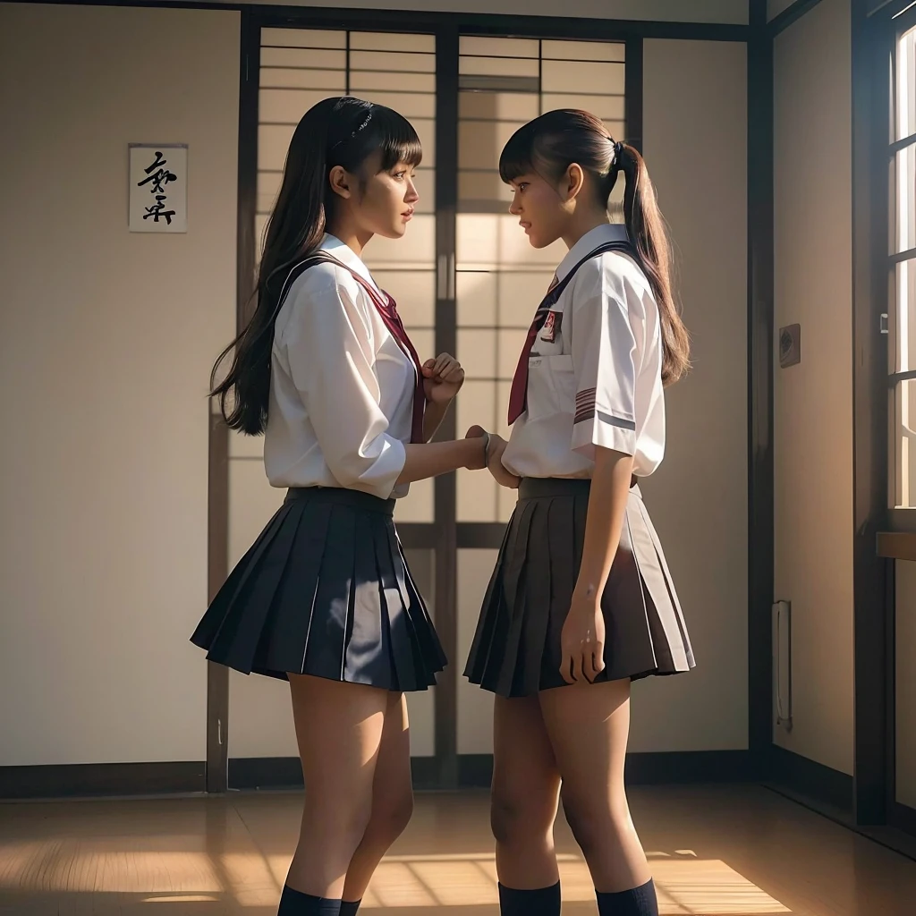 "(very sharp photo result & detailed face) (hyper realistic photo) a bald black man with big athletic body (kissed) a japanese girl with japan  & miniskirt, they have brown long japan hairstyle with bangs, they skirt are uplifting by their hands, romantic mood, dark dramatic shadow & light on the classroom, lighting sources comes from the window, backlight lighting treatment, UHD, 8K"