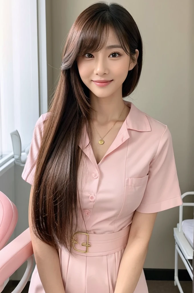 Hospital room, nurse, ((full body)), ((photo)), ((best qualtiy, 8K, tmasterpiece: 1.3)), Focus: 1.2, perfect figure beautiful girl: 1.4, 1girl, cowboy shot, look at viewer, eyes facing the camera, incredibly absurd, beautiful and cute girl with a photorealistic face, showcasing top-quality craftsmanship, Japanese woman taking care of patients in a hospital room, 23 years old, long hair parted in the middle, long layered bangs, silky hair quality, thick and voluminous style, beautiful features, amber eyes, long eyelashes, thin eyebrows, beautiful bridge of the nose, small nose, plump and elegant pink lips, fair skin, high cheekbones, cute smile, clean jawline, beautiful nape, long neck, 163cm height, long limbs, delicate, slender, well-balanced proportions, beautiful C-cup breasts, pink blouse and pink pants nurse uniform, nurse shoes, gold ring and necklace, beautiful, neat, refined, elegant, soothing, pretty older sister, long legs, kind, strong-willed, passionate, proactive, hardworking, gains the trust of those around her, October