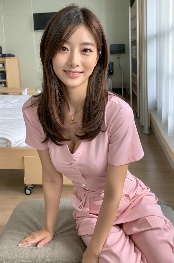 Hospital room, nurse, ((full body)), ((photo)), ((best qualtiy, 8K, tmasterpiece: 1.3)), Focus: 1.2, perfect figure beautiful girl: 1.4, 1girl, cowboy shot, look at viewer, eyes facing the camera, incredibly absurd, beautiful and cute girl with a photorealistic face, showcasing top-quality craftsmanship, Japanese woman taking care of patients in a hospital room, 23 years old, long hair parted in the middle, long layered bangs, silky hair quality, thick and voluminous style, beautiful features, amber eyes, long eyelashes, thin eyebrows, beautiful bridge of the nose, small nose, plump and elegant pink lips, fair skin, high cheekbones, cute smile, clean jawline, beautiful nape, long neck, 163cm height, long limbs, delicate, slender, well-balanced proportions, beautiful C-cup breasts, pink blouse and pink pants nurse uniform, nurse shoes, gold ring and necklace, beautiful, neat, refined, elegant, soothing, pretty older sister, long legs, kind, strong-willed, passionate, proactive, hardworking, gains the trust of those around her, October