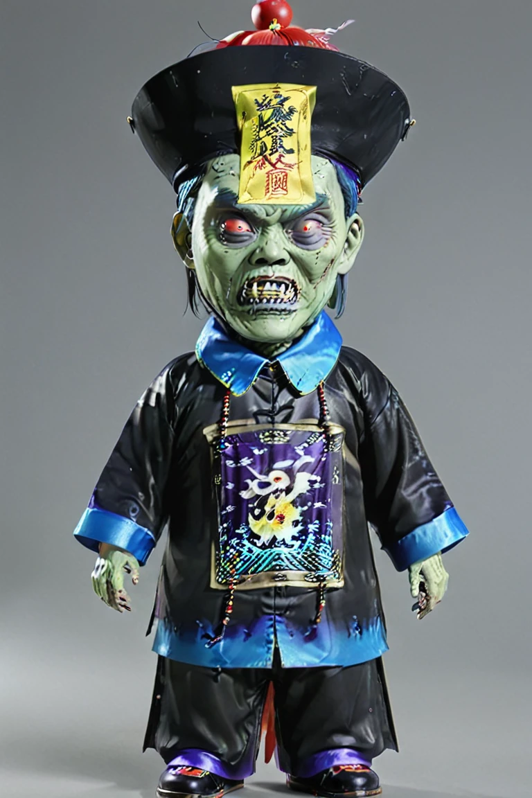 a toy of chinese zombie from the TV show, black costume, the name 'Jiangshi' is printed in thick bold letters,