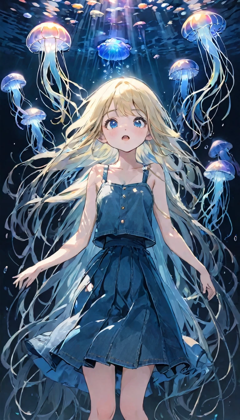 finely detailed illustration, best quality, masterpiece, vibrant color,High resolution、8k、Pitch blackの静寂を演出、Wallpaper Art、Very detailed_face_eye、sharp focus on eyes, 非常に繊細なfaceと肌の質感、Woman looking around、pretty girl、14 years old、camisole、denim hot skirt、Jellyfish floating in the air、Blue glowing jellyfish、Fluorescent jellyfish、Mystical Expressions、Synaptic vesicles、Neuron、Pitch black、The only light source is a jellyfish、