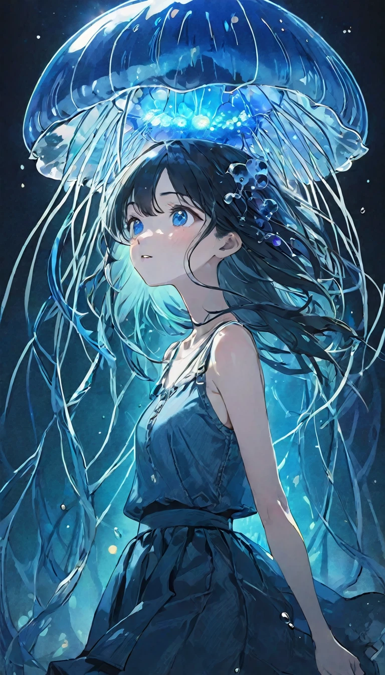 finely detailed illustration, best quality, masterpiece, vibrant color,High resolution、8k、Pitch blackの静寂を演出、Wallpaper Art、Very detailed_face_eye、sharp focus on eyes, 非常に繊細なfaceと肌の質感、Woman looking around、pretty girl、14 years old、camisole、denim hot skirt、Jellyfish floating in the air、Blue glowing jellyfish、Fluorescent jellyfish、Mystical Expressions、Synaptic vesicles、Neuron、Pitch black、The only light source is a jellyfish、