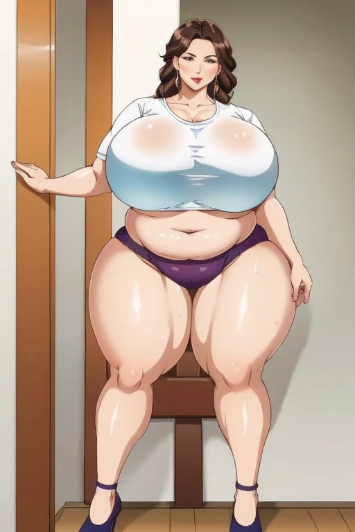 ((mejor calidad)), ((obra maestra)), ((detallado)), 40-year-old mature woman，Huge amazing plump ass，Sweat leggs，Twist your body，Tight purple underwear, Huge breasts, big hips,Full body shot, mature mother, whip lower body, plump thighs, plump calves, bewitching mature woman, perfect body, plus size model, woman in a white bra top and panties,  she has a jiggly fat round belly