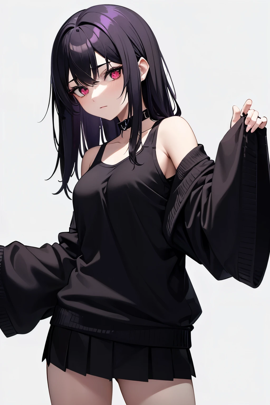 An older teenage female with Purpleish-Black hair. She has Pinkish-Red eyes and white skin. Wearing a black outfit with a black skirt.
