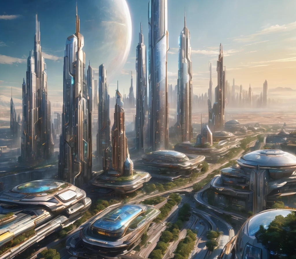 On an unknown planet、There is a futuristic fantasy city with huge buildings of technological design. (Forming an infinite highway), Silvery glass structure, Stunning gold and copper, (In bright colors). Sunny Pavement (dull). People walking々. (Similar to Coruscant in Star Wars). A clear image of many buildings together. Crisp, clear 8K images. The buildings stretch high into the background.,8K.((One beautiful mecha girl))