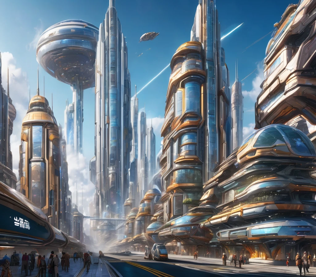 On an unknown planet、There is a futuristic fantasy city with huge buildings of technological design. (Forming an infinite highway), Silvery glass structure, Stunning gold and copper, (In bright colors). Sunny Pavement (dull). People walking々. (Similar to Coruscant in Star Wars). A clear image of many buildings together. Crisp, clear 8K images. The buildings stretch high into the background.,8K.((One beautiful mecha girl))
