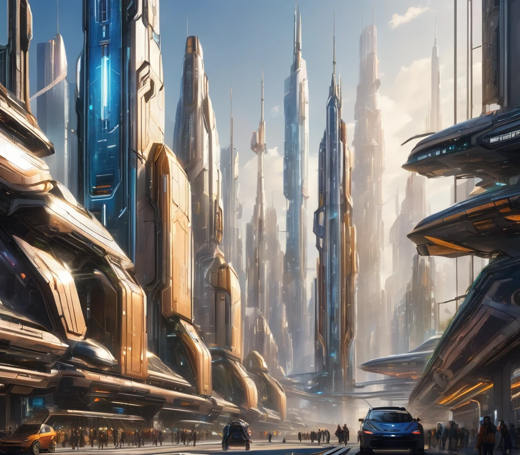 On an unknown planet、There is a futuristic fantasy city with huge buildings of technological design. (Forming an infinite highway), Silvery glass structure, Stunning gold and copper, (In bright colors). Sunny Pavement (dull). People walking々. (Similar to Coruscant in Star Wars). A clear image of many buildings together. Crisp, clear 8K images. The buildings stretch high into the background.,8K.((One beautiful mecha girl))