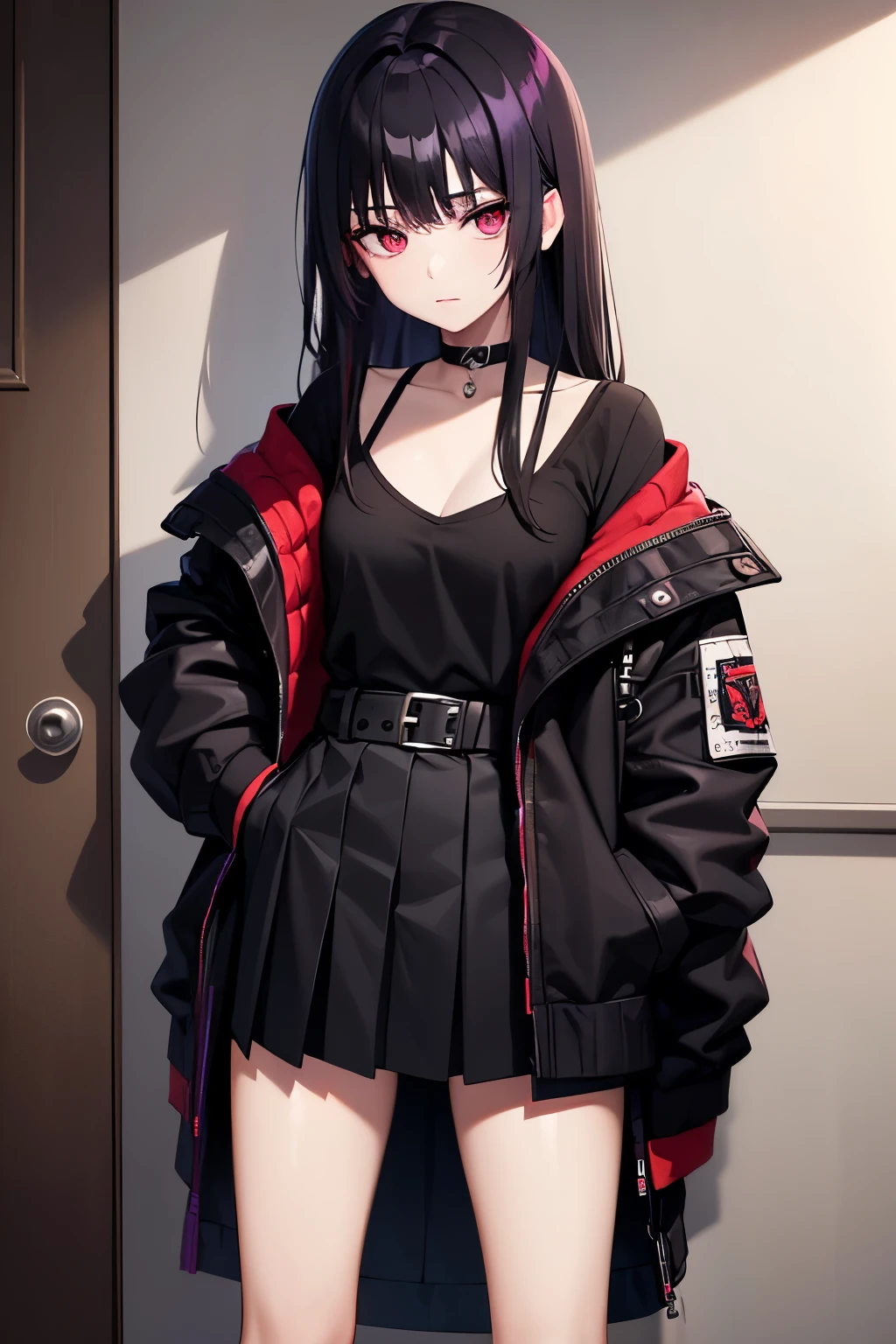 An older teenage female with Purpleish-Black hair. She has Pinkish-Red eyes and white skin. Wearing a black outfit with a black skirt.