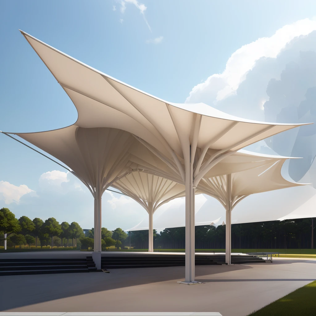 There are many white shade structures on the roadside, Moonlight Rendering, Award-winning shadows, Canopies, overhead Canopy, Covered outdoor stage, tent architecture, Low angle isometric rendering, Detailed rendering, Height Rendering, Calatrava, Rendering in Lumion pro, Rendering in Lumion, Canopy, Concept Rendering, Rendering with V-Ray