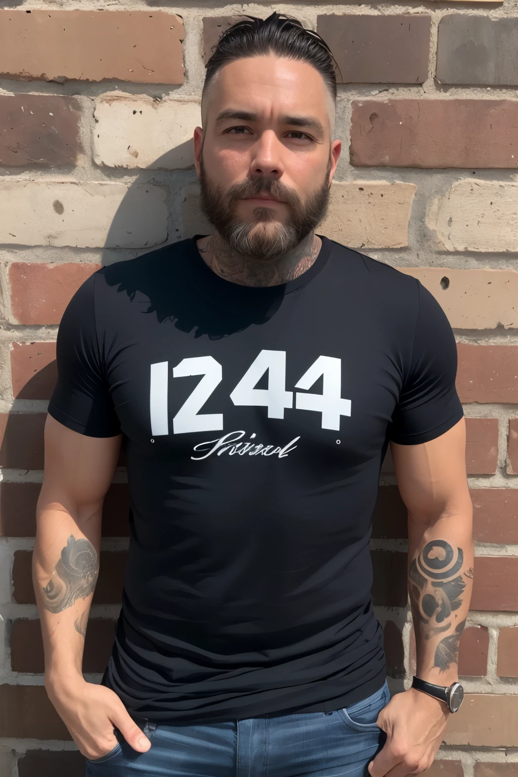 42 year old man, greying hair and beard, short hair, dark bown eyes, white skin, colored tattoos, wearing a black t-shirt, tall, medium built, natural face, italian descent