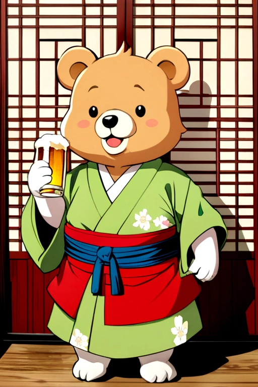 Tinker Bell,drink beer,Japanese manga style,Old Japan era,Big Bear accompanies you in wearing Japanese kimono