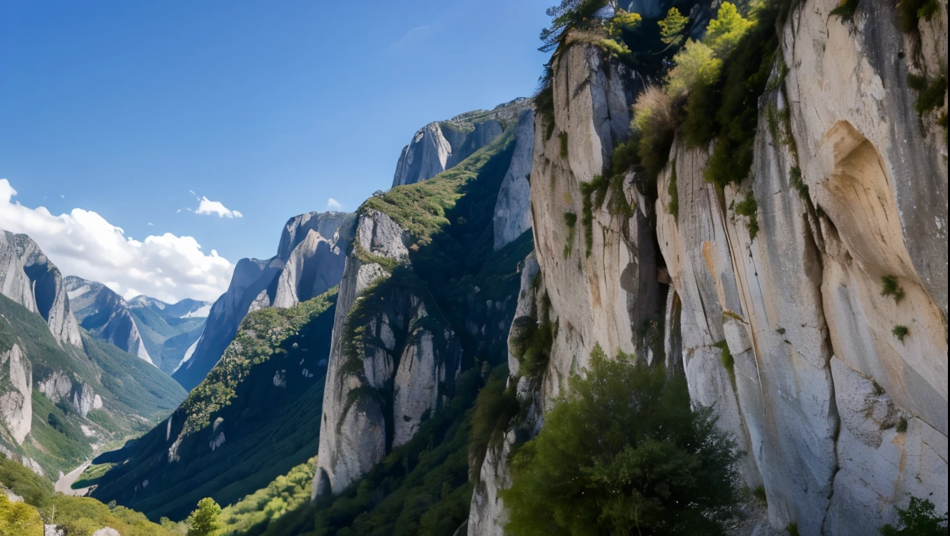 Natural Climbing wall. Naranjo de bulnes. Urriellu.. Vertical rockwall in a desser valley with trees and stones.. landscape. Blue sky with clouds, High contrsst. Vivd colors.