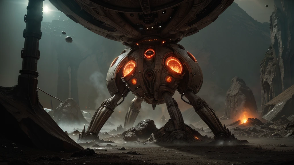 (Disgusting Intricate Alien Biology Biomechanical ALIEN Creatures) biomechanical alien, unknown, extraterrestrial biology on unknown planet, HEAVY atmosphere with dust particles suspended in the air RED WITH SULFUR
