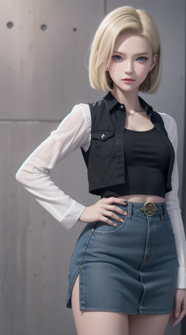 android 18, Blonde hair, blue eyes, eyelash, Hoop Earrings, short hair, Earring straps, Black socks, Black shirt, 胸pocket, cleveage, clavicle, denim, denim skirt, Cowboy shooting,ハイウエストskirt, Jewelry, Long sleeve, pocket, shirt, shirt tucked in, skirt, Striped, Striped sleeves, Vest,The right move,