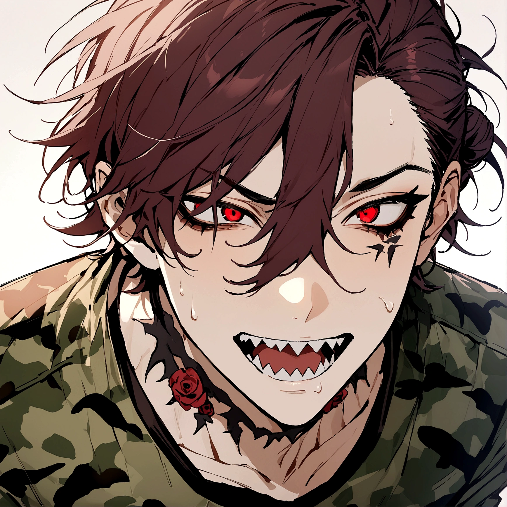 (masterpiece), best quality, expressive eyes, perfect face, Male, maroon messy hair-bun, neck roses tattoo. compression flecktarn camouflage shirt, long sleeves. Handsome, portrait, Shark teeth, Half-Shark, Shark Hybrid, Sharp teeth, red eyes, black eyeshadow, black eyebags, male Shark demihuman, male, Mouth corner with cracks