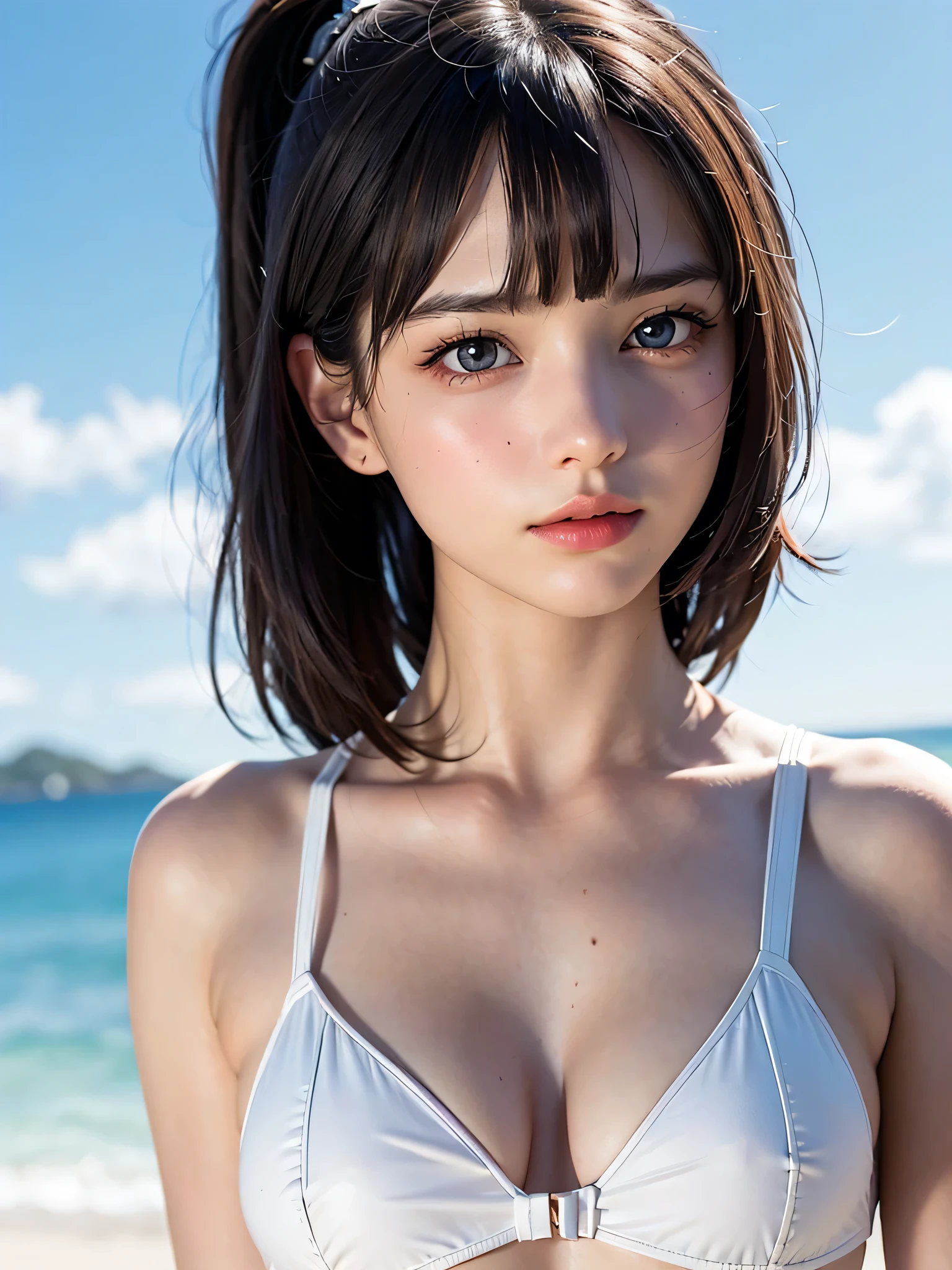 One Girl,(1人のとてもcute女の子:1.3),masterpiece,Highest quality,High resolution,Photorealistic,RAW Photos,Ray Tracing,beautiful girl,(:1.3),cute,Big eyes,(detailed pupils:1.2),(The face is facing straight ahead:1.3),Body facing forward,Beautiful nose,Fuller lips,Short black hair,ponytail,short hair,Detailed eyelashes,Thin eyebrows,Very fine grain definition,(Symmetrical eyes:1.3),(Face close-up,Face Focus:1.0),Small breasts,Short neck,White swimsuit,White Bikini,The background is the sea,Southern Island,Blue sky,White cloud,Portrait,View Viewer,Upper Body,Cinema Lighting,High resolution,Very detailed