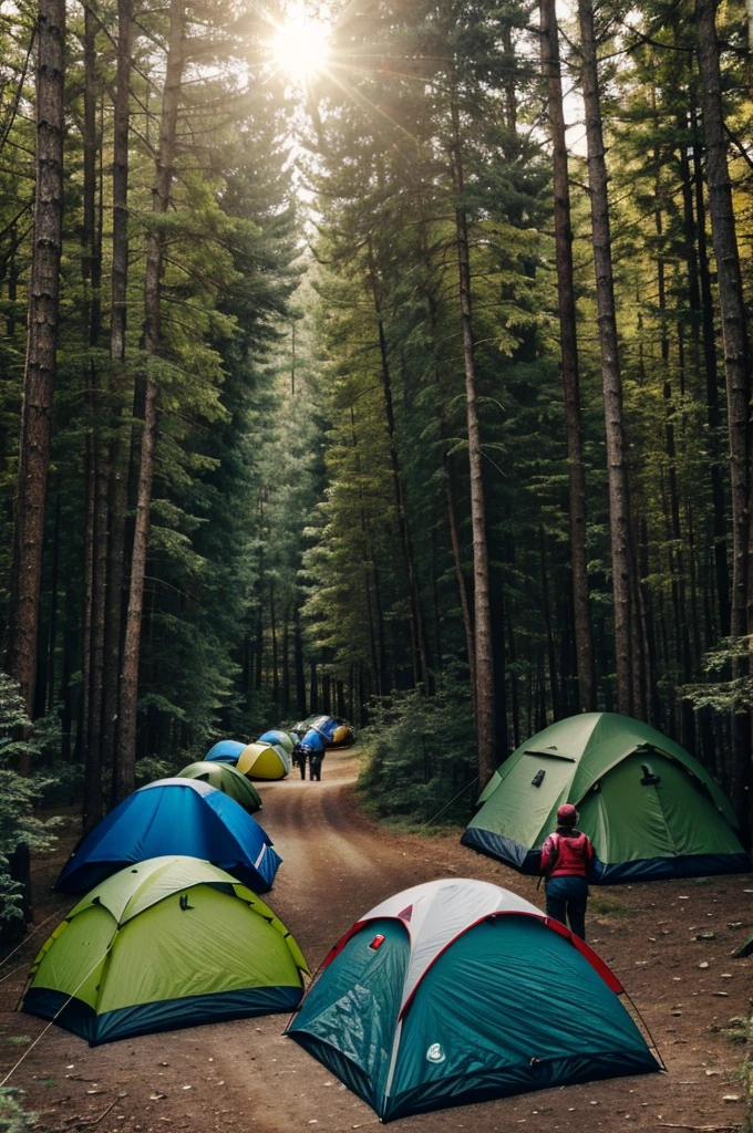 Group of 8 friends go camping in the forest.