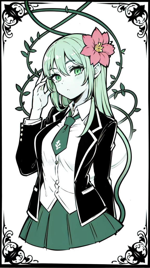1girl,20s,adult,mature female, alraune,green hair,long hair,flower, vines on body,(greenskin),necktie,black jacket, blazer,long sleeves, skirt,pleated skirt,((upper body))