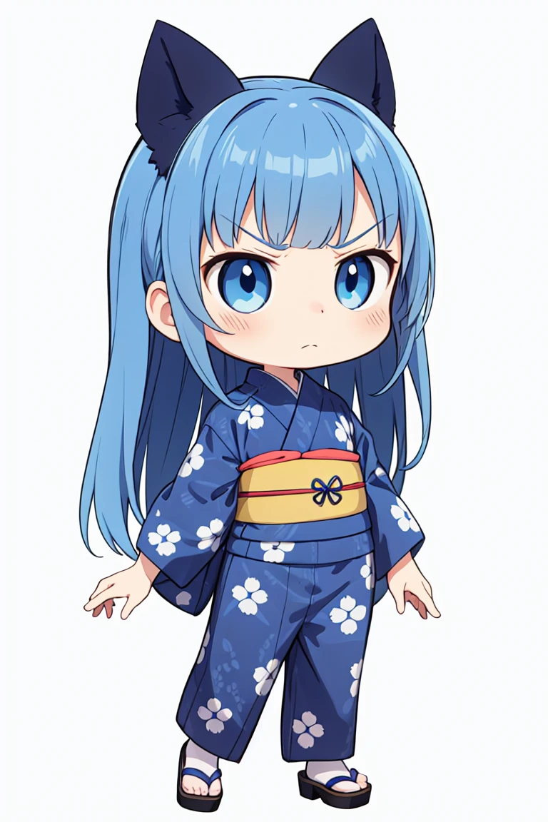 chibi, flat color, solo, full body, cute, (highest quality), blue eye, gentian blue hair, long hair, annoyed, gentian blue yukata, white background, (masterpiece)