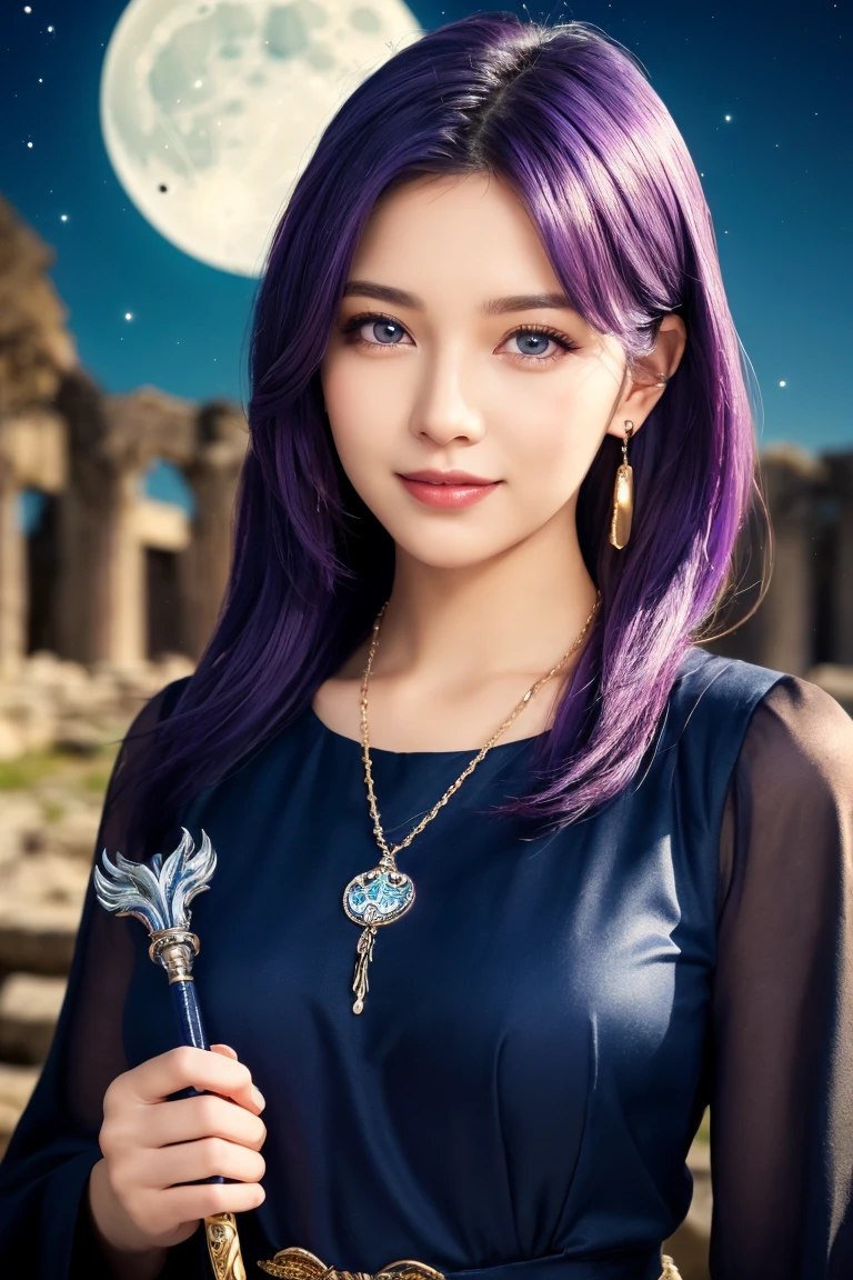 ((masterpiece)), ((best quality)), (ultra-detailed), ((kawaii)), cute, ((lovely)), ((extremely detailed)), (detailed face), (depth of fields), (detailed eye), (detailed facial features), (detailed clothes features), 4K, (8K), best quality, dynamic pose, (body shot:1.3), a pretty girl, 1 girl, solo, Japanese, (beautiful navy blue dress:1.3), she wears a skimpy wizard dress, (beautiful purple hair:1.3), chignon, (holding a wizard's wand:1.3), beautiful blue eyes, ((beautiful eyes)), white teeth, earrings, bib necklace, smile, (super full moon:1.3), mystical ancient ruins, greek architecture, lens flare, shiny, 
