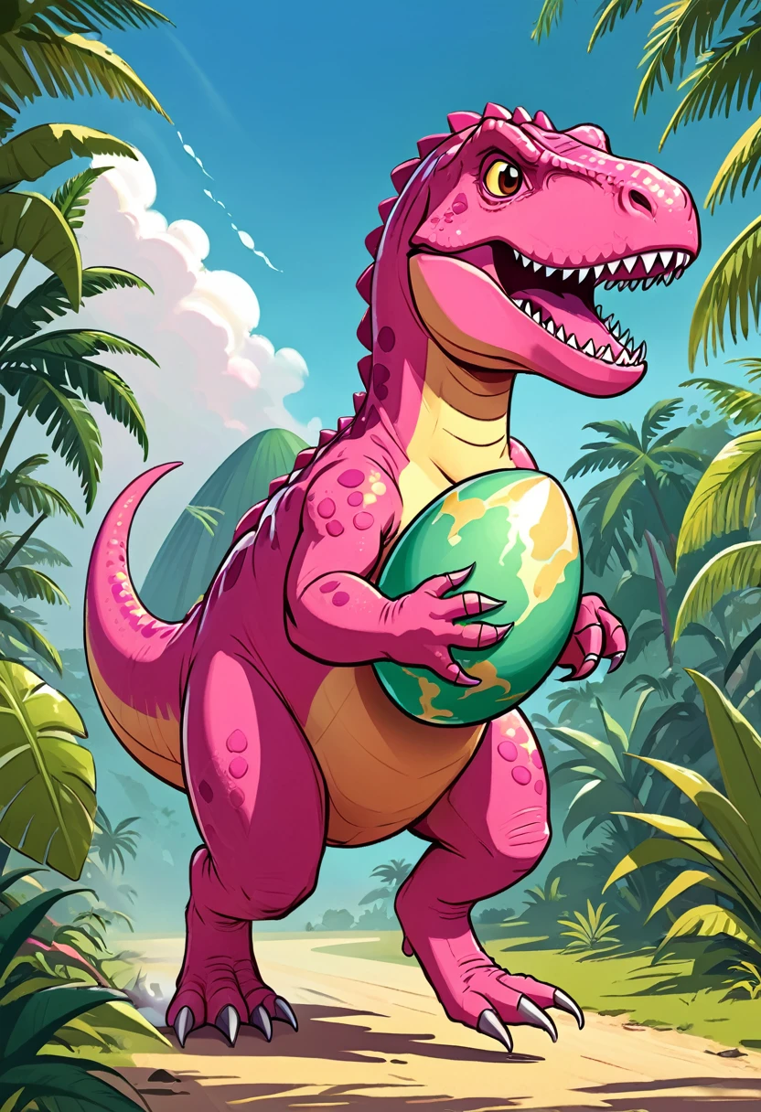 Cute pink Tyrannosaurus Rex holding a dinosaur egg,run