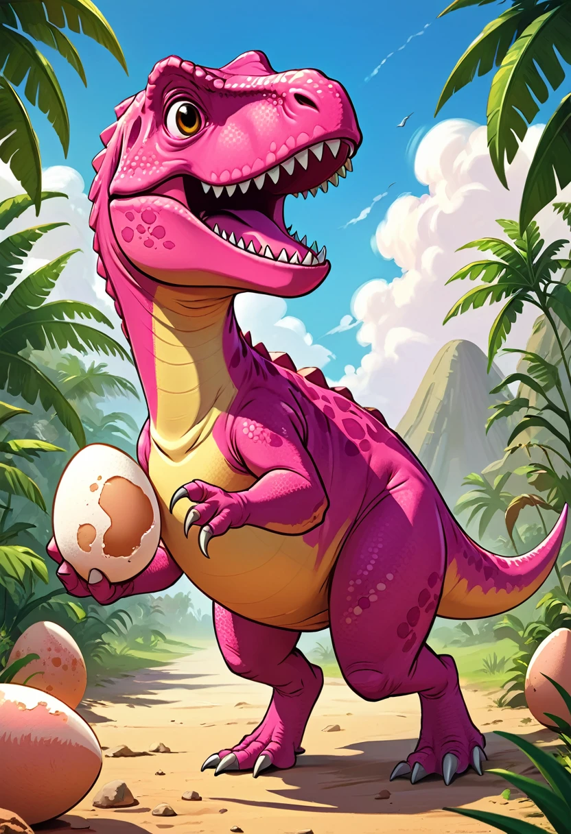 Cute pink Tyrannosaurus Rex holding a dinosaur egg,run