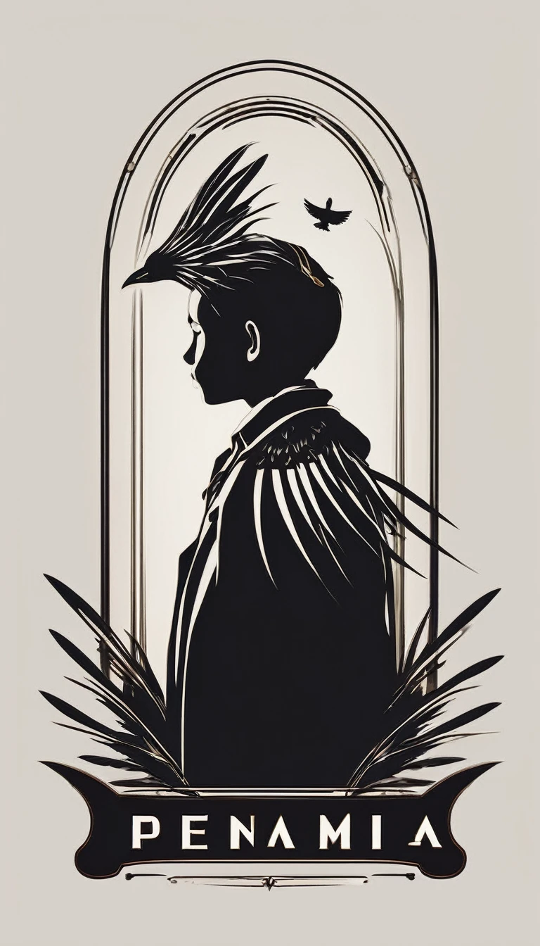 A minimal, modern, simple, cinematic logo design e of a boy with a head full of feathers for the brand “Penamemoria" .