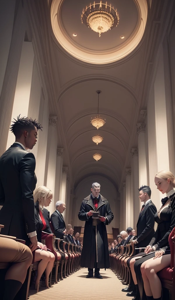 (anime style, high detail, dynamic composition, a secret vampire council meeting, plotting against Blade, dark and ominous atmosphere, lavish interior design)