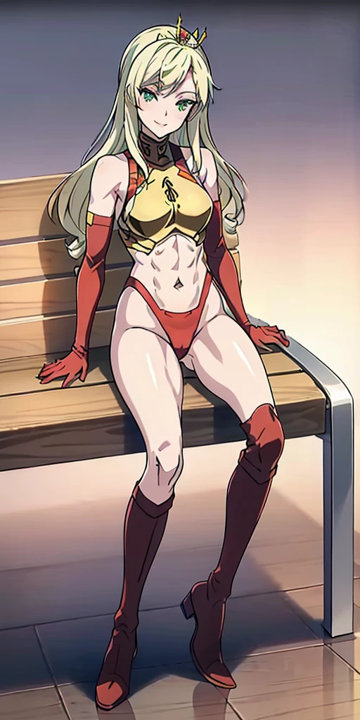 Lancer Artoria body (Alexis Texas Face), elegant adult female, blonde, green eyes (yellow eyelashes) crown, turtleneck, full body sitting on a bench, showing ass to me, RED breastplate, RED skin (1SologirlRED skin:1.2), looking at viewer, shiny, armor, thigh highs, high boots, pauldrons shoulder armor, faulds, poleyn, RED gloves gauntlets, rerebrace, RED military armored boots, yordle muscular lean platinum blonde long twin tails hairstyle at the bedroom lustful smirking smile face red blushed, blush, strong abs, female body builder, tiara, twin drills hair, (masterpiece, best quality, ultra detailed, best shadow)