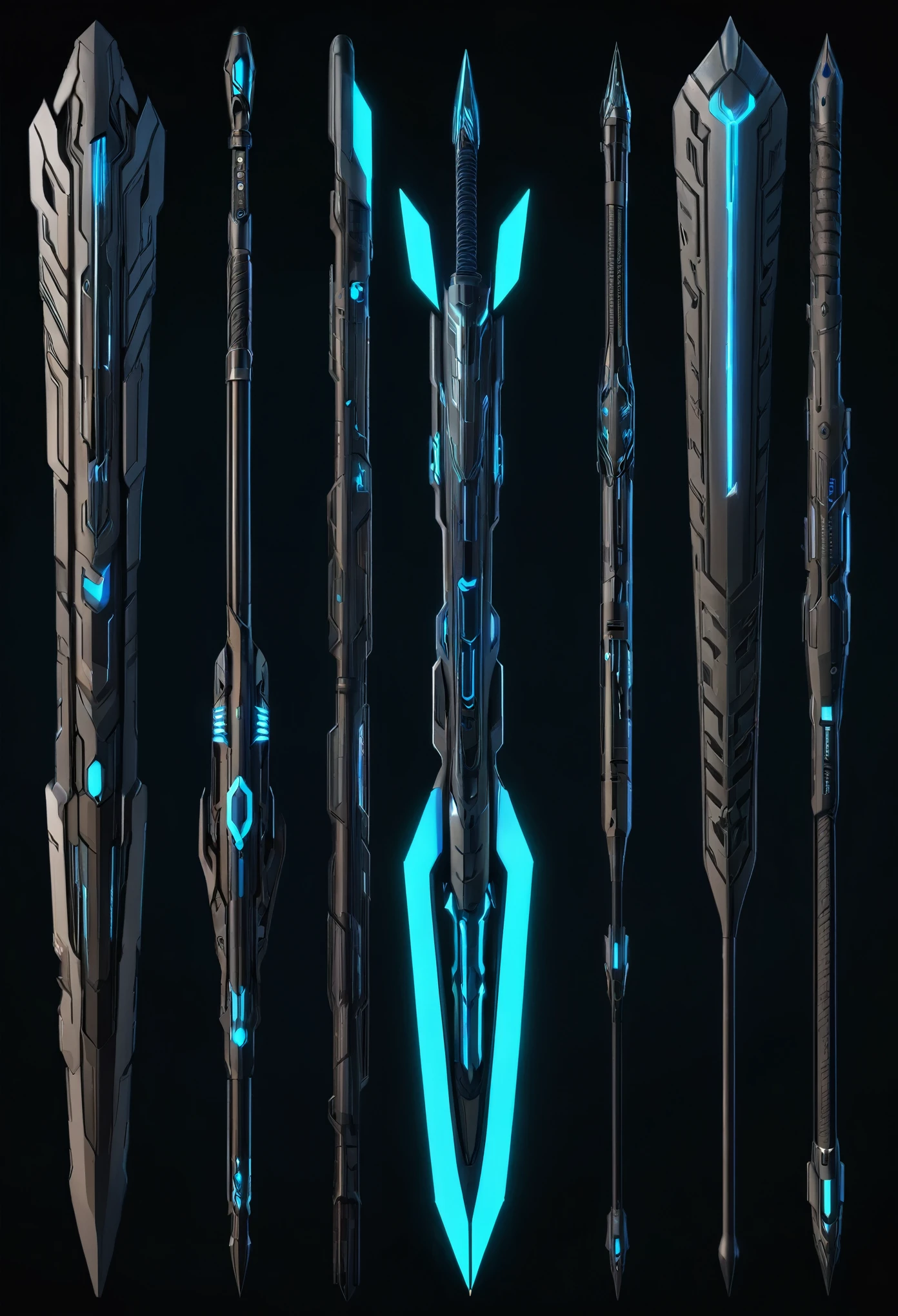 A full image of a futuristic, Sci-fi, electric, tech, bo weapon concept art designs, cybernetic patterns and tech designs, transformer inspired bo staff designs, weaponcore, gothcore, 3D model, Unreal engine, 8k.