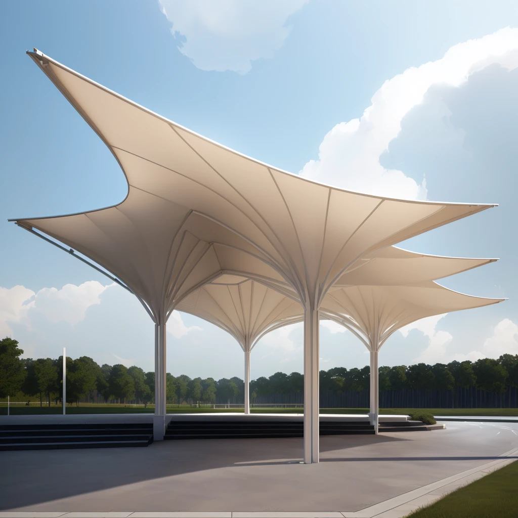 There are many white shade structures on the roadside, Moonlight Rendering, Award-winning shadows, Canopies, overhead Canopy, Covered outdoor stage, tent architecture, Low angle isometric rendering, Detailed rendering, Height Rendering, Calatrava, Rendering in Lumion pro, Rendering in Lumion, Canopy, Concept Rendering, Rendering with V-Ray