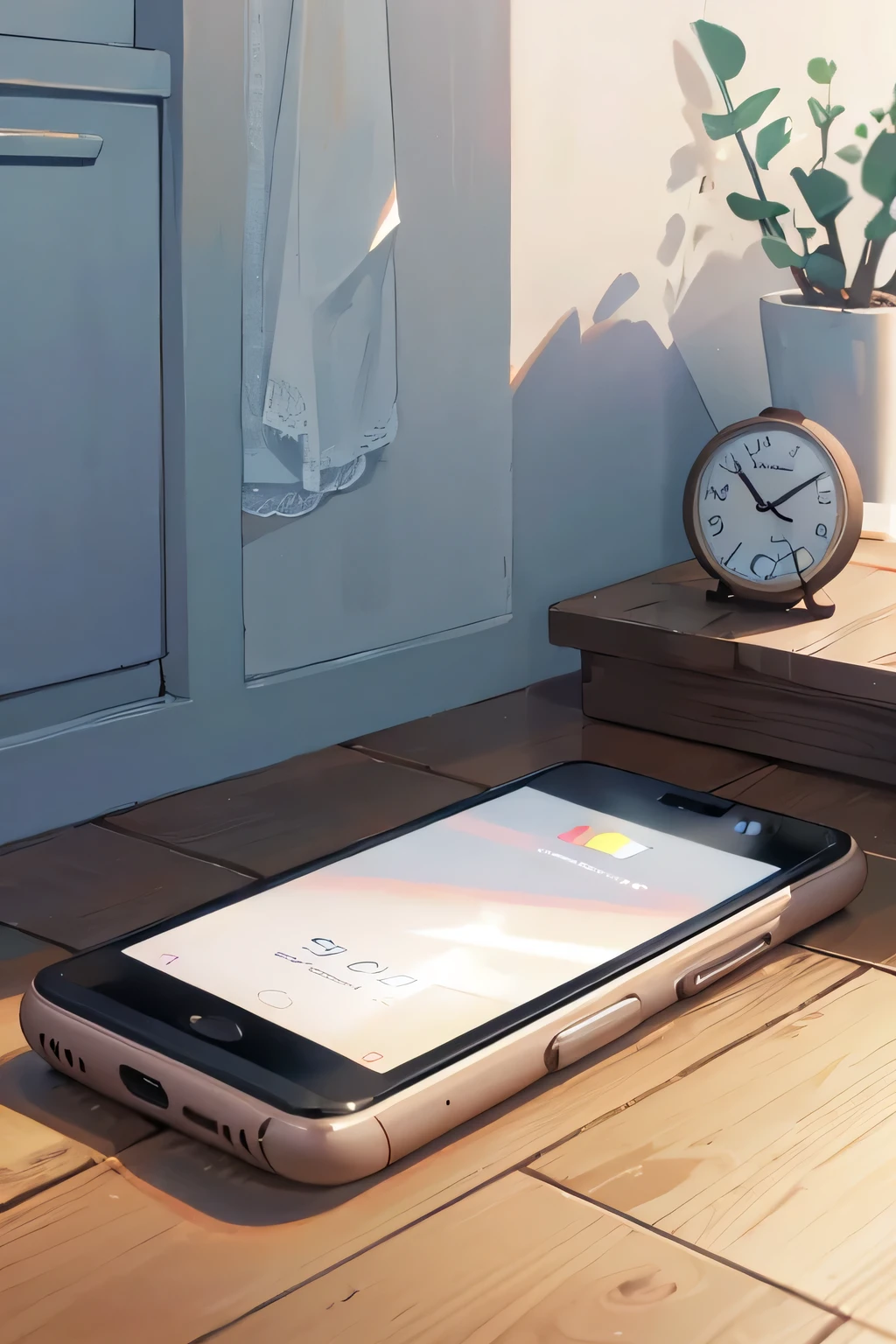 Disney Pixar style, a white smartphone lying on a wooden surface with the screen displaying an alarm clock, background, realistic, 8k