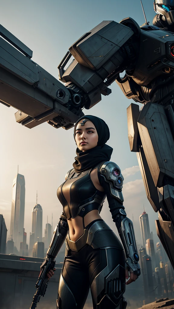 beautiful girl in futuristic hijab and jacket standing next to brutal giant mecha cyborg, artwork in the style of guweiz, cyberpunk beautiful girl mech, trending on cgstation,guweiz, by Russell Dongjun Lu, digital cyberpunk art, rosstran 8 k, guweiz on artstation pixiv, girl in mecha cyber armor, far view, hyperrealistic