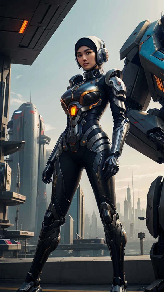 beautiful girl in futuristic hijab and jacket standing next to brutal giant mecha cyborg, artwork in the style of guweiz, cyberpunk beautiful girl mech, trending on cgstation,guweiz, by Russell Dongjun Lu, digital cyberpunk art, rosstran 8 k, guweiz on artstation pixiv, girl in mecha cyber armor, far view, hyperrealistic 