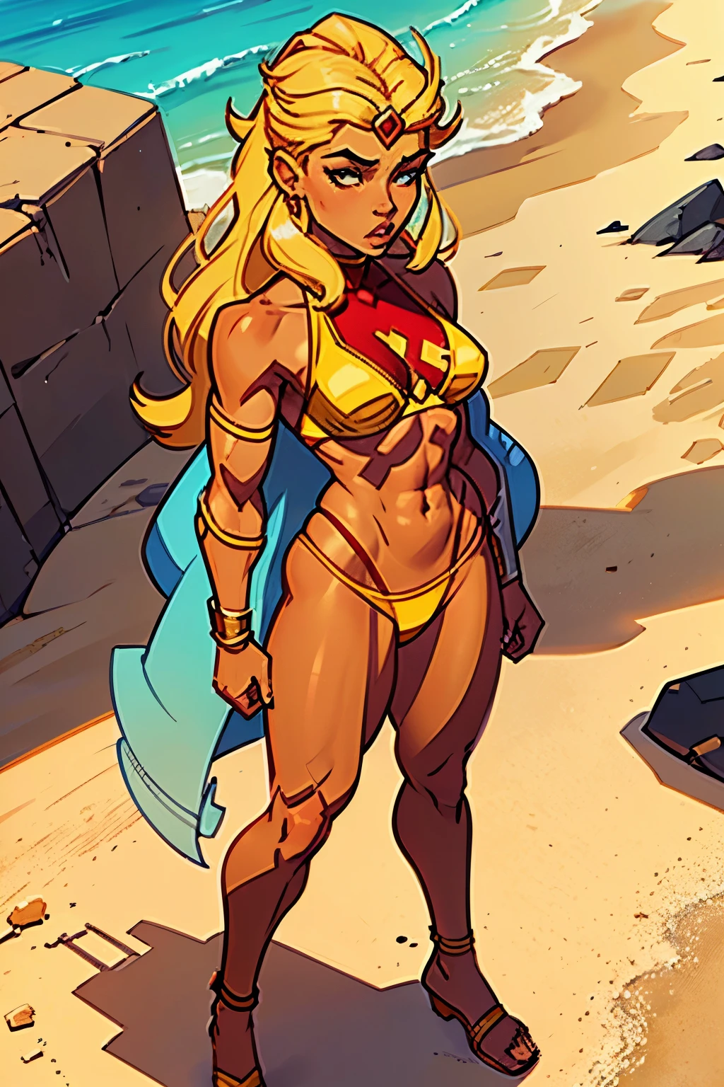 (masterpiece, Best Quality:1.2), cowboy shot, Alone, 1 girl, McBlaze, Dark skin, mujer de Dark skin, evil smile, looking at the viewer, hand on hip, He drowned, underwear, panties, thighs, Gloves without fingers, neckline, fire