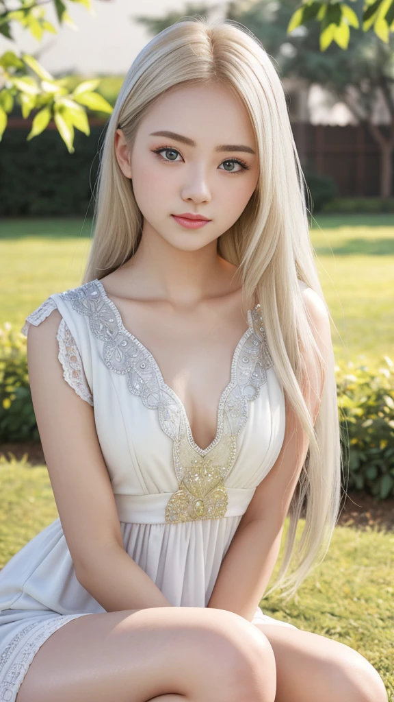 Leila、Women、25-year-old、(Russian women), 大きな目、gray eyes、Blonde medium-long hair、alone,大きな Bust 90cm,8 heads model style,Pale skin 、White dress, Ultra HD Photos, Highest quality, Ultra-high resolution, Realistic realism, sunlight, Angle up to the knee, Detailed face,, milky, Highly detailed skin, Realistic skin detail,, 8K Ultra HD, Digital SLR,, Fair skin, 白いレースビキニ