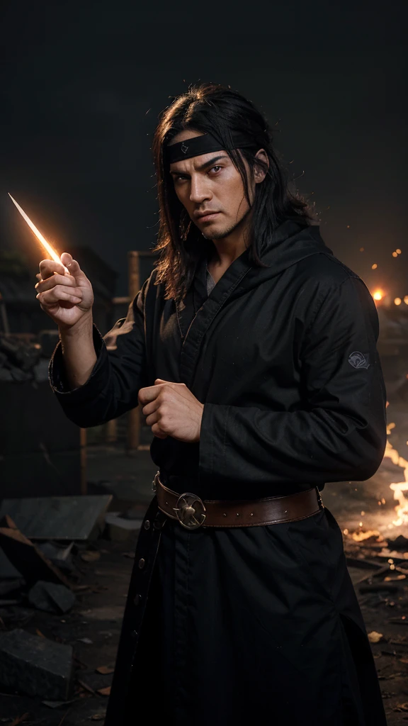 displays characters with a realistic and dynamic art style, giving a strong and emotional impression. This character has long black hair that is slightly messy, adding an intense impression to his appearance. His facial expression is very serious and focused, with sharp eyes looking straight ahead. His eyes are red with black pupils, adding to his intimidating impression. There were vertical facial lines under his eyes, emphasizing his appearance as someone who had been through many battles. He wears a black headband with the Konoha symbol scrawled across his forehead, indicating that he is a missing-nin from the village. The clothing worn is a black robe with red lining, typical of the Akatsuki organization. This character is in an impressive pose, with his right hand pointing his index finger forward, as if he is pointing at or challenging someone. On his shoulder, there is a scabbard for a sword or other combat tool that adds a dynamic element to his appearance. The background displays a dramatic atmosphere with the silhouettes of flying birds and the reddish orange sky, creating an atmosphere full of tension. There are glowing particle effects floating around the characters, adding a magical and mystical element.