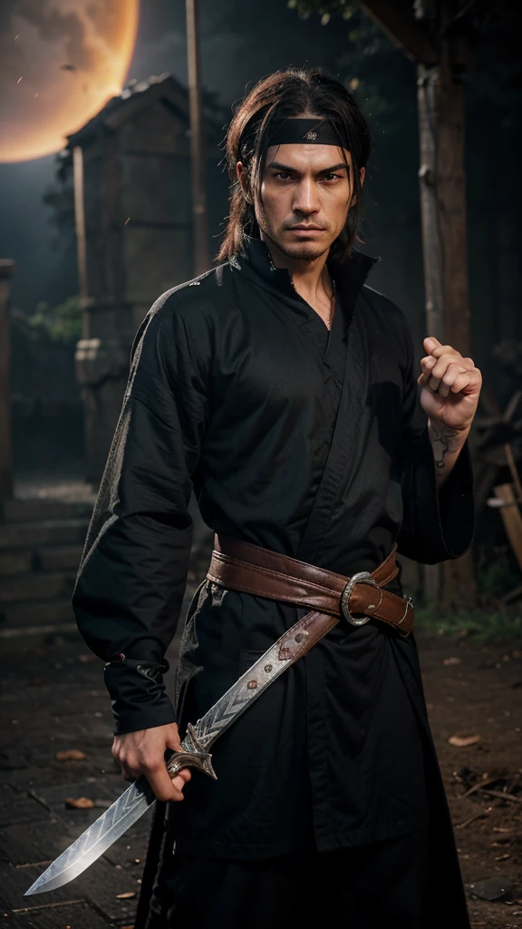 displays characters with a realistic and dynamic art style, giving a strong and emotional impression. This character has long black hair that is slightly messy, adding an intense impression to his appearance. His facial expression is very serious and focused, with sharp eyes looking straight ahead. His eyes are red with black pupils, adding to his intimidating impression. There were vertical facial lines under his eyes, emphasizing his appearance as someone who had been through many battles. He wears a black headband with the Konoha symbol scrawled across his forehead, indicating that he is a missing-nin from the village. The clothing worn is a black robe with red lining, typical of the Akatsuki organization. This character is in an impressive pose, with his right hand pointing his index finger forward, as if he is pointing at or challenging someone. On his shoulder, there is a scabbard for a sword or other combat tool that adds a dynamic element to his appearance. The background displays a dramatic atmosphere with the silhouettes of flying birds and the reddish orange sky, creating an atmosphere full of tension. There are glowing particle effects floating around the characters, adding a magical and mystical element.