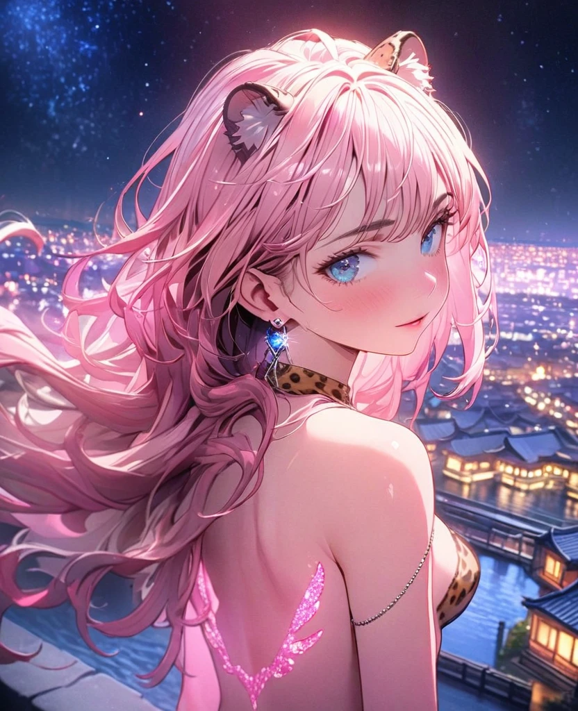 8K,gal,Beautiful and realistic skin,Shiny jewel-like earrings,pink glowing tattoo,Long colerful hair,blue eyes,Night view,Sparkling landscape,whole body,Leopard print clothes,大きな黒いライオンが隣にいる no clothes