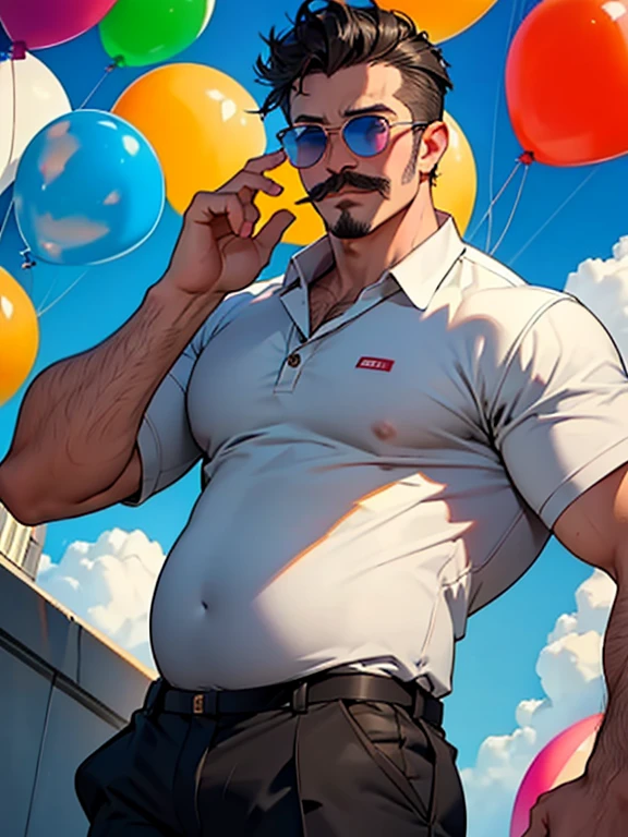 masterpiece,premium,Day trader man,The man who made a lot of money overnight,round swollen balloon belly, gordo,gordo Man,A dark-haired,short legend,moustache,Sunglasses,I have a big stomach,the face is big,Guts pose,show the smiles,perspiration,stand out,