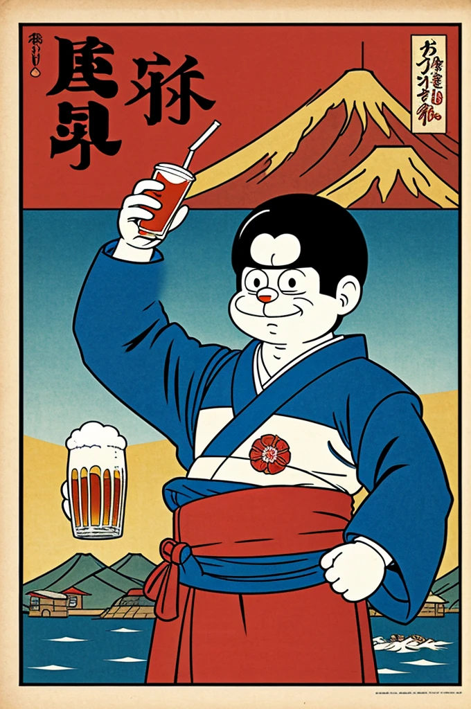 Doraemon,drink beer,Japanese manga style,Old Japan era,Big Bear accompanies you in wearing Japanese kimono