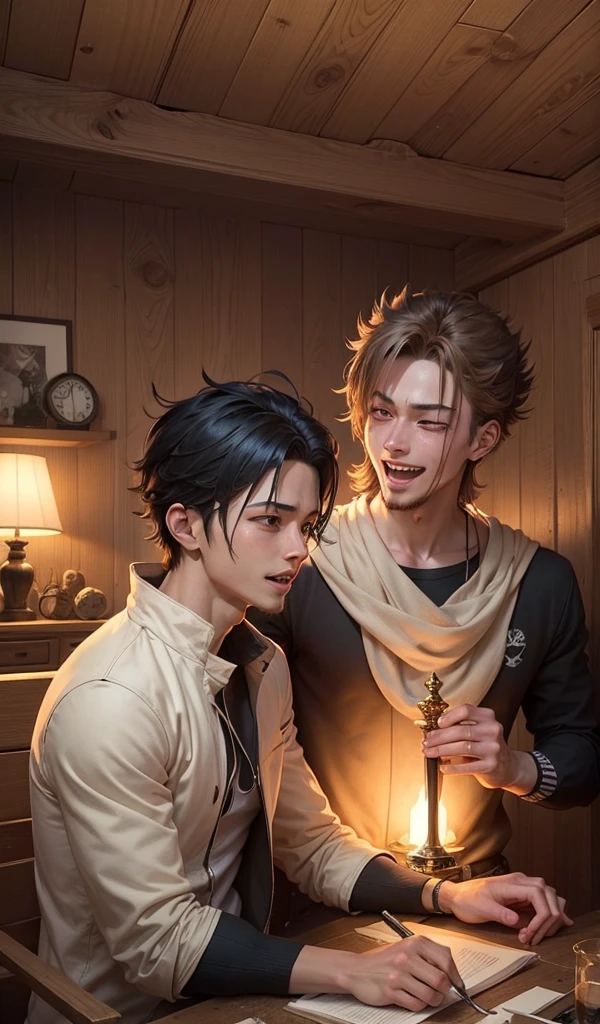 (anime style, high detail, dynamic composition, Blade and his team celebrating their victory, rare moment of peace and joy, warm lighting, cozy interior setting)