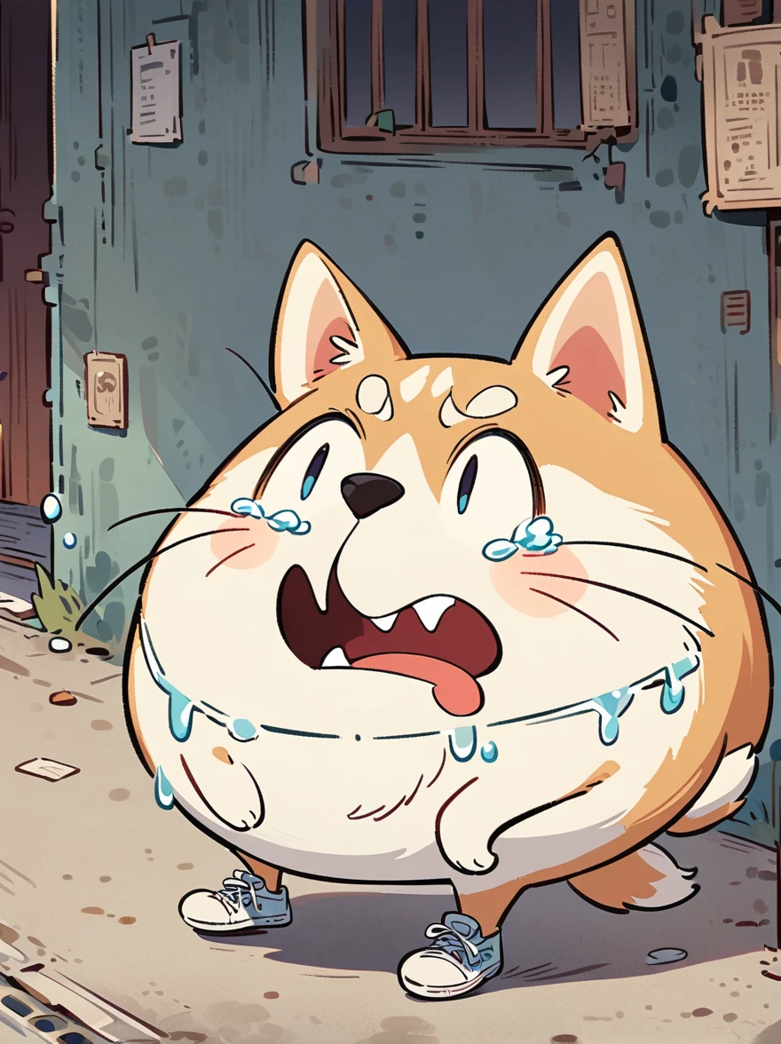 Cartoon illustration,simple,Depicts an anthropomorphic husky dog,Dull eyes,listless,Discomfort,decadent,Exaggerated expression,White T-shirt,Shabby sneakers,Walk on empty streets,Correct human anatomy