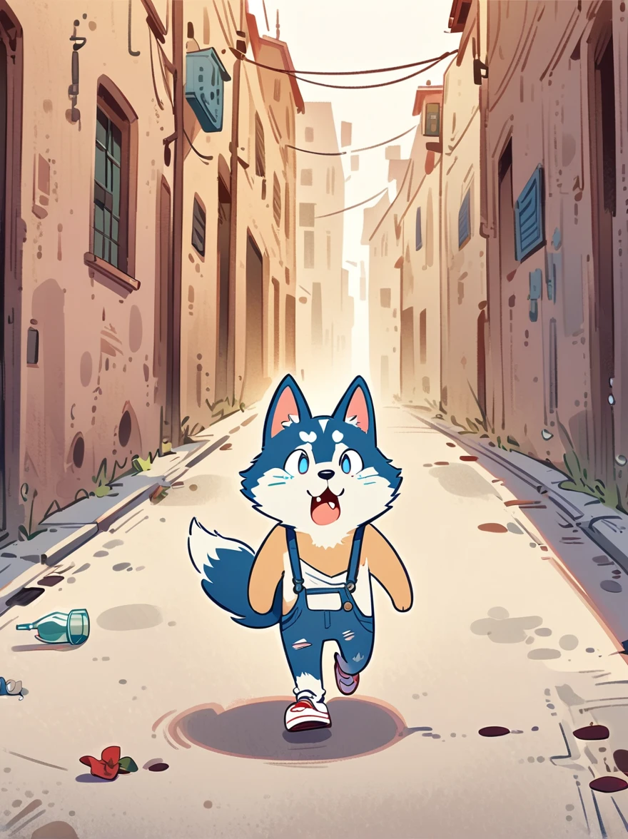 Cartoon illustration，simple，Depicts an anthropomorphic husky dog，Dull eyes，listless，Discomfort，decadent，Exaggerated expression，White T-shirt，Shabby sneakers，Walk on empty streets，Correct human anatomy