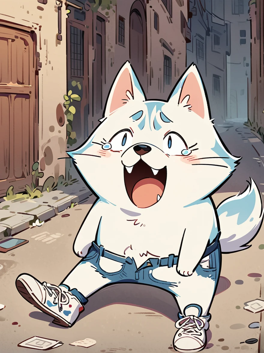 Cartoon illustration,simple,Depicts an anthropomorphic husky dog,Dull eyes,listless,Discomfort,decadent,Exaggerated expression,White T-shirt,Shabby sneakers,Walk on empty streets,Correct human anatomy