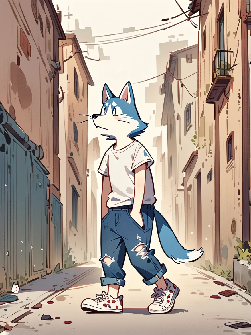 Cartoon illustration,simple,Depicts an anthropomorphic husky dog,Dull eyes,listless,Discomfort,decadent,Exaggerated expression,White T-shirt,Shabby sneakers,Walk on empty streets,Correct human anatomy
