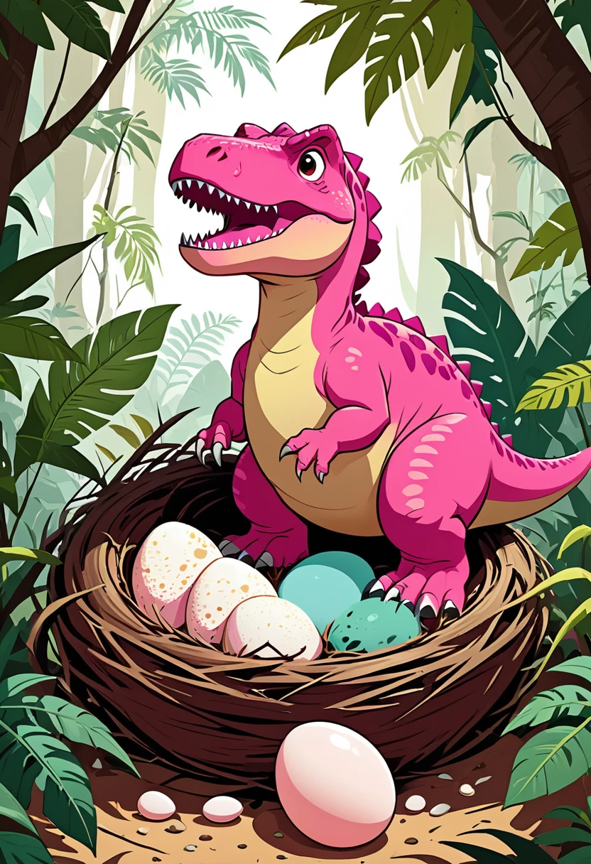 Interesting illustrations:Cute pink Tyrannosaurus Rex,Dinosaur eggs in the nest,secret,hide