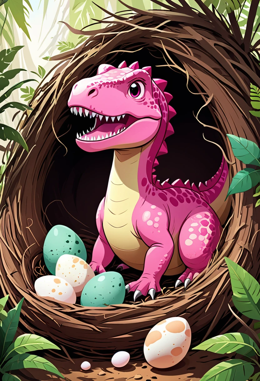 Interesting illustrations:Cute pink Tyrannosaurus Rex,Dinosaur eggs in the nest,secret,hide