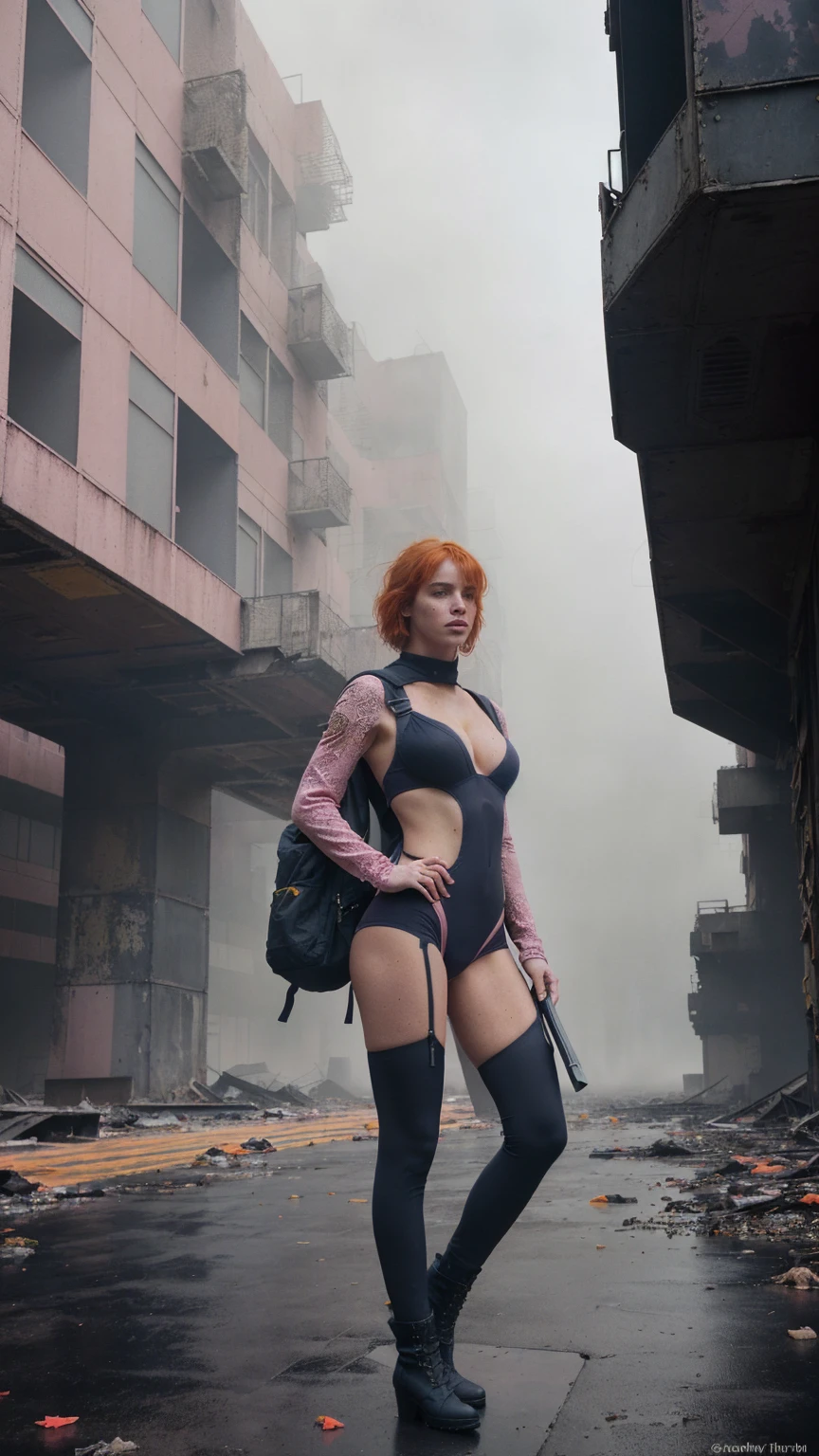 Fine art photography,(dynamic camera), a cyborg girl(with freckles, fiery orange-hair(messy hair), humanoid girl), amidst a futuristic abandoned city. determination and mystery face expression. As asymmetric pose(she holding a plastic bag, backpack), (tight, large cleavage, higlegs-cut, backless, cutouts in chest area, very plunged thong)space uniform, tigh-highs, combat boots. in sheer hosiery. ((A shroud of MIST SURROUNDS THE futuristic abandoned-setting(Intricate detailed of background, intricate city, intricate technology, abstract background, background rich in details))). Sad atmosphere, oppressive atmosphere, Posing in elegant form(with one hand delicately taking the backpack, while the other rests on her hip)-adding a sense of movement and life to the scene. Desaturated-colors, and a slight vignette, enhancing the fine-art aesthetic. The image features a faded film quality, grainy textures, (((Oil painting in a pink/black /Navy Blue-monochrome theme, with accents in Yellow colors))).