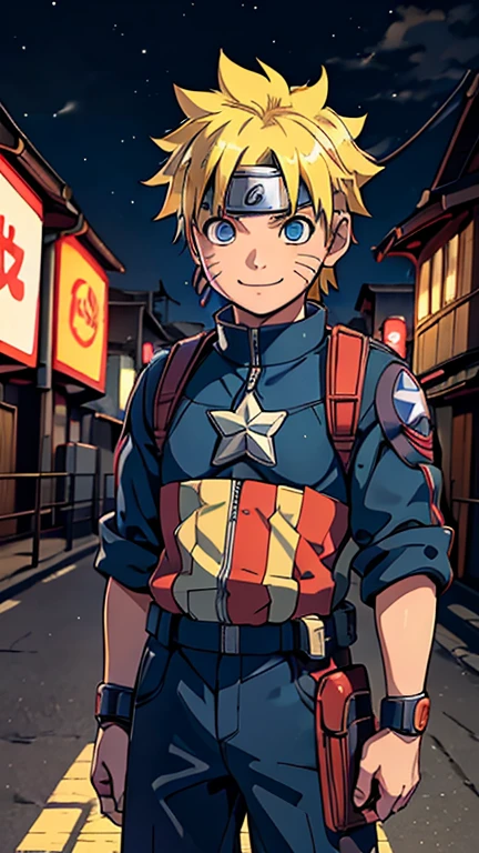 (8k),(masterpiece),(Japanese),(8--old ),((innocent look)),((Childish)),From the front,smile,cute,Innocent,Kind eyes,Flat chest, Uzumaki Naruto wearing Captain America Costume,Short,Hair blowing in the wind,Yellow Hair,Strong wind,night,dark, Neon light cyberpunk Konoha village